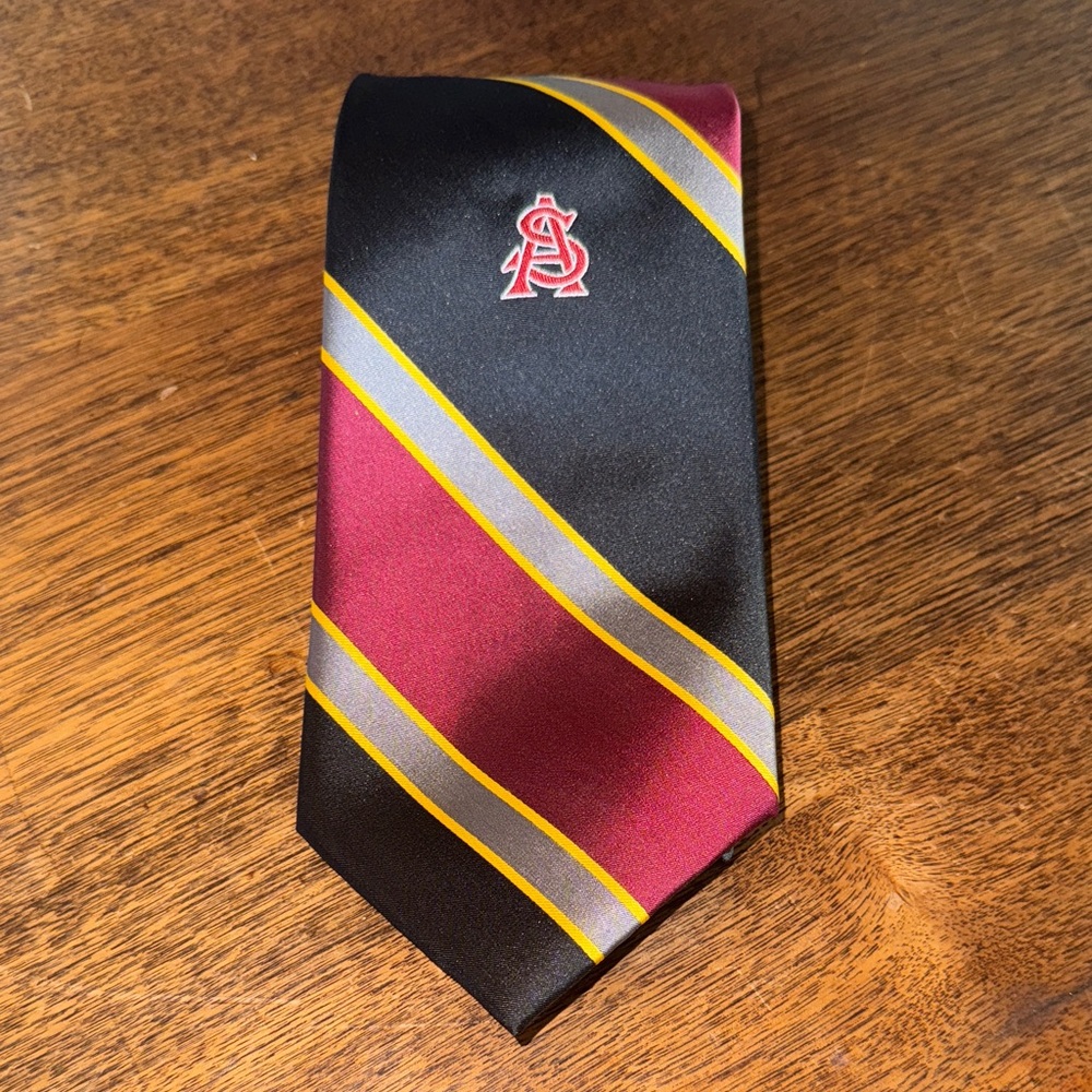 Stylish Black and Burgundy ASU Striped Tie with Logo